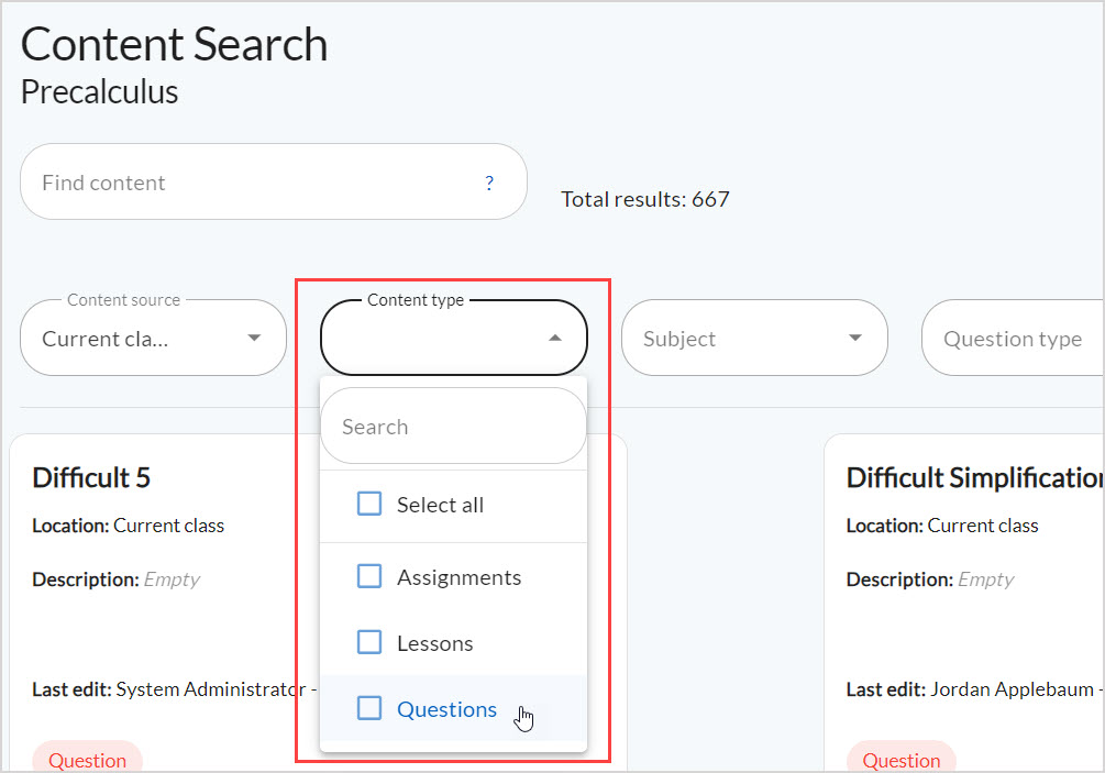 In the Content Manager, the Content type dropdown is open.